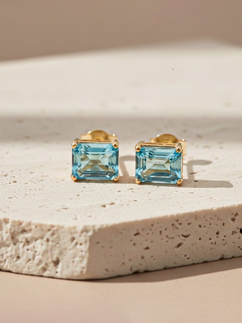 Emerald Cut Aquamarine Solitaire Stud Earrings With 14K Gold Vermeil 2.5 Micron